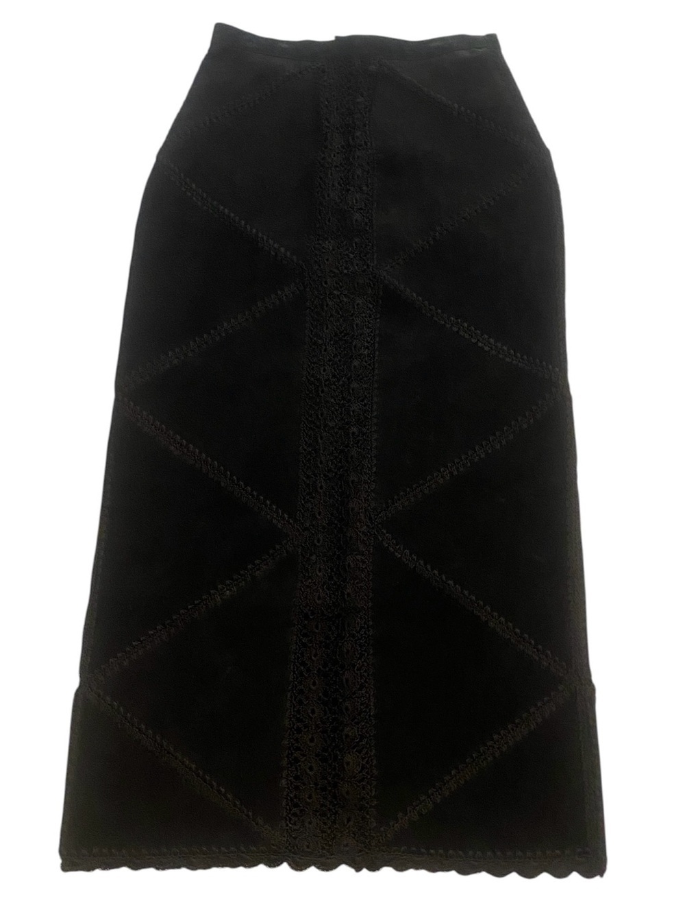 Women’s Black Suede Leather Crochet Maxi Skirt 90’s Patchwork Lined Size 8
